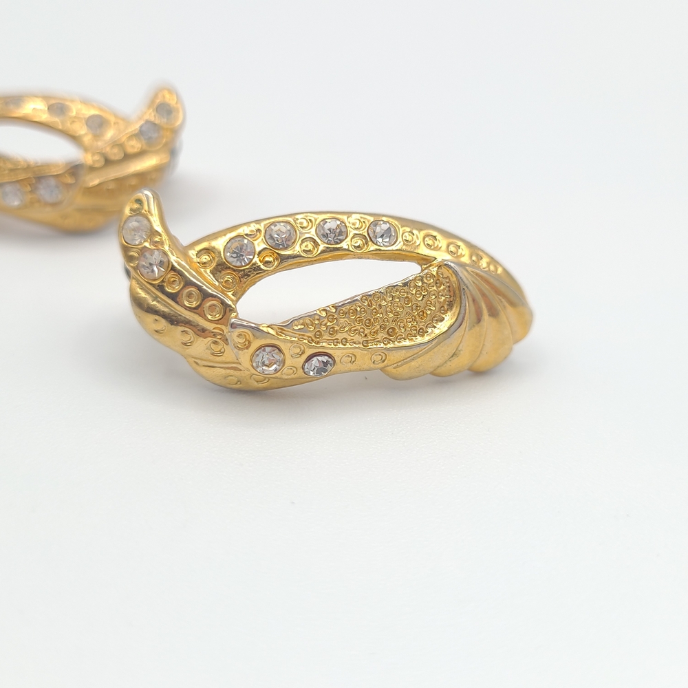 Vintage Gold Tone Rhinestone Oval Hoop Earrings Textured Statement